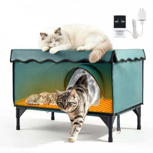 VEVOR Elevated Heated Cat House 25.4W Insulated Kitty Shelter with Camera, for Indoor Outdoor Winter Use, 2-Door & Private Side Curtain, Weatherproof Stray Feral Shelter with Heated Pad for Outside - BYMBHSSXT25IQTHI2001V1 - view 2