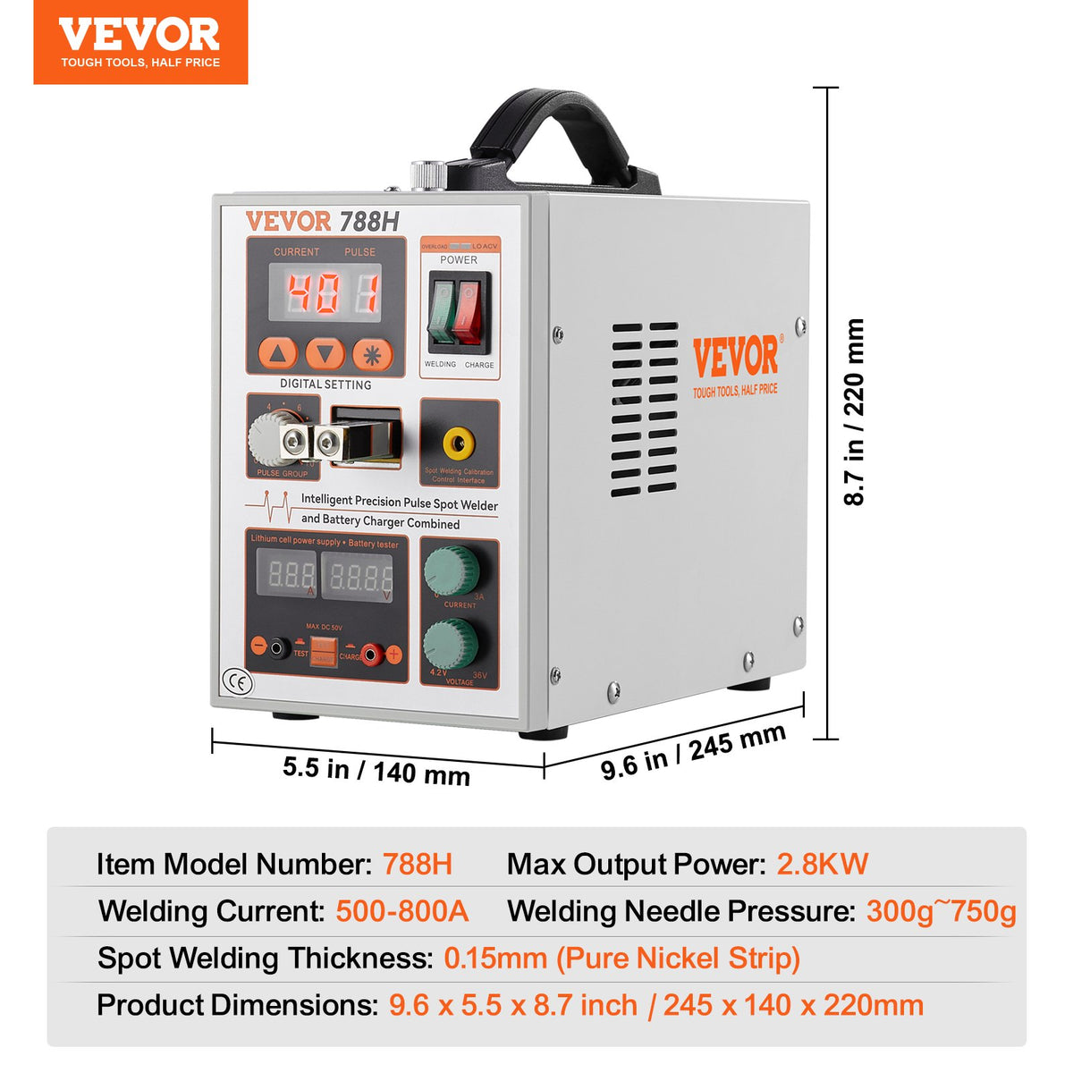 VEVOR Battery Spot Welder, 788H Pulse Spot Welder & Battery Charger, Portable High-Power Battery Welding Machine with 2 Welding Modes and LED Lighting for 0.15mm Pure Nickel, 18650 14500 Battery Packs - BYQDCDHJX015TCK0CV1 - view 8