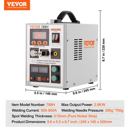 VEVOR Battery Spot Welder, 788H Pulse Spot Welder & Battery Charger, Portable High-Power Battery Welding Machine with 2 Welding Modes and LED Lighting for 0.15mm Pure Nickel, 18650 14500 Battery Packs - BYQDCDHJX015TCK0CV1 - view 8