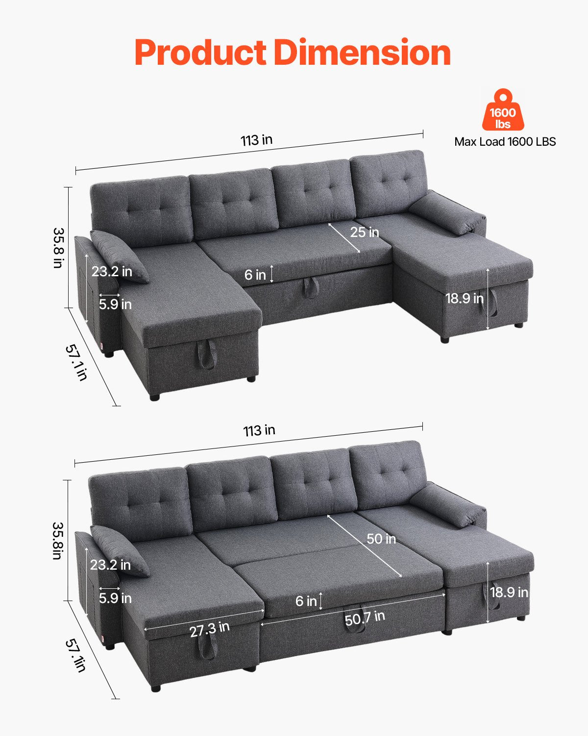 VEVOR U Shaped Sofa Bed, Convertible Sofa Bed with 2 Side Pockets, 2 Pillows and Double Chaise, 6-Seat Pull Out Sleeper Couch with Large Storage Capacity for Living Room, Apartment, Metal Frame, Gray - BYSFC110INCHK2QZRV0 - view 3