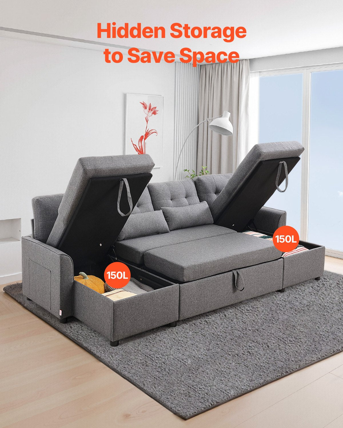 VEVOR U Shaped Sofa Bed, Convertible Sofa Bed with 2 Side Pockets, 2 Pillows and Double Chaise, 6-Seat Pull Out Sleeper Couch with Large Storage Capacity for Living Room, Apartment, Metal Frame, Gray - BYSFC110INCHK2QZRV0 - view 5