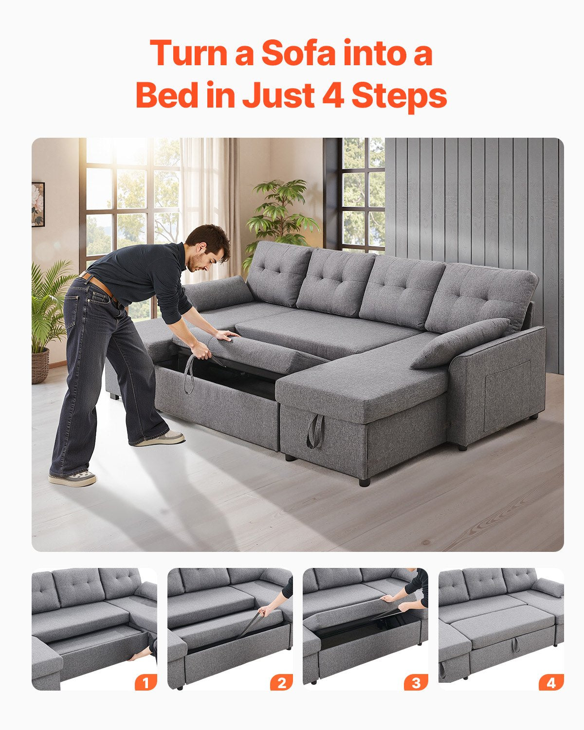 VEVOR U Shaped Sofa Bed, Convertible Sofa Bed with 2 Side Pockets, 2 Pillows and Double Chaise, 6-Seat Pull Out Sleeper Couch with Large Storage Capacity for Living Room, Apartment, Metal Frame, Gray - BYSFC110INCHK2QZRV0 - view 7