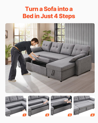 VEVOR U Shaped Sofa Bed, Convertible Sofa Bed with 2 Side Pockets, 2 Pillows and Double Chaise, 6-Seat Pull Out Sleeper Couch with Large Storage Capacity for Living Room, Apartment, Metal Frame, Gray - BYSFC110INCHK2QZRV0 - view 7