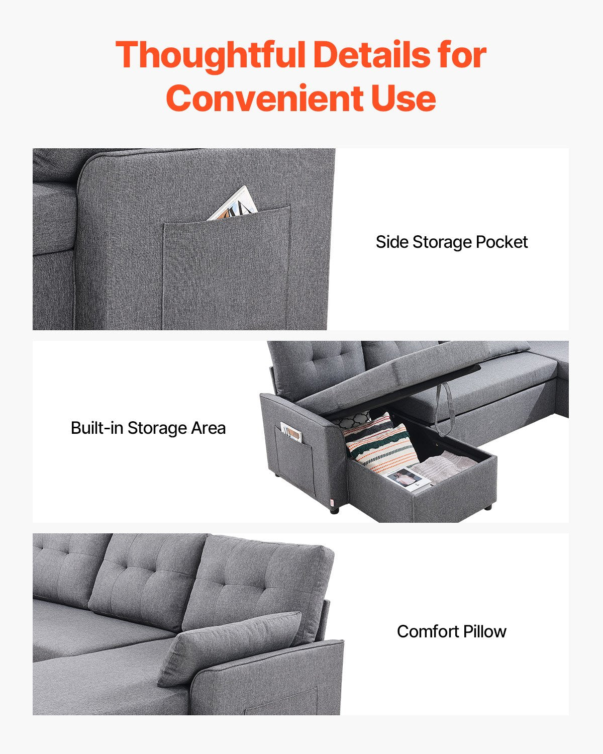 VEVOR U Shaped Sofa Bed, Convertible Sofa Bed with 2 Side Pockets, 2 Pillows and Double Chaise, 6-Seat Pull Out Sleeper Couch with Large Storage Capacity for Living Room, Apartment, Metal Frame, Gray - BYSFC110INCHK2QZRV0 - view 8