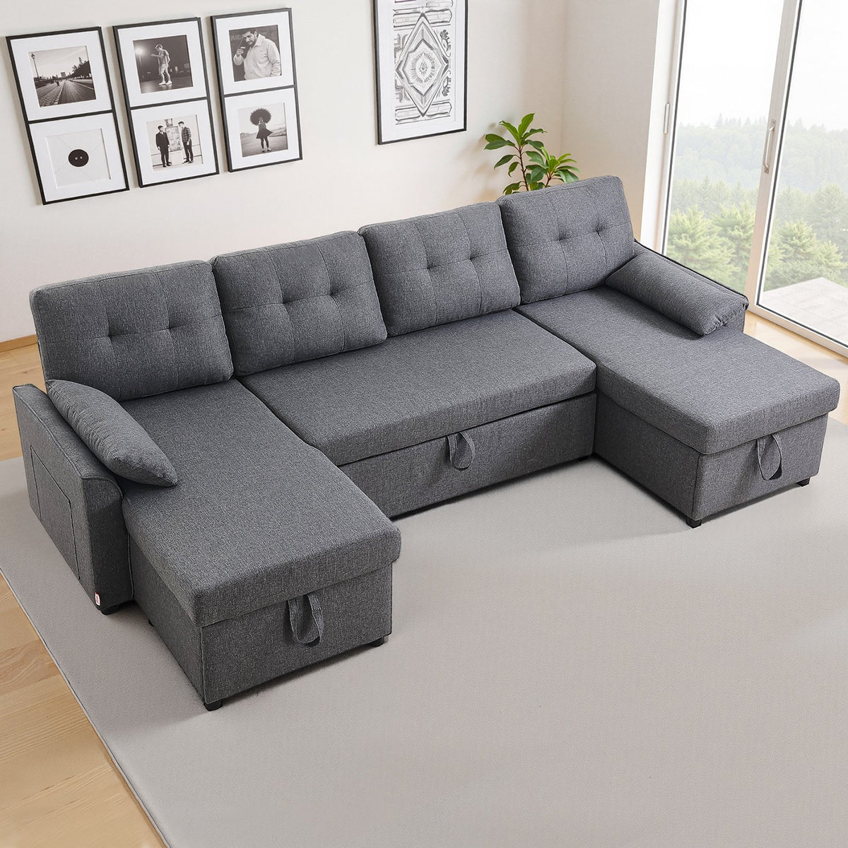 VEVOR U Shaped Sofa Bed, Convertible Sofa Bed with 2 Side Pockets, 2 Pillows and Double Chaise, 6-Seat Pull Out Sleeper Couch with Large Storage Capacity for Living Room, Apartment, Metal Frame, Gray - BYSFC110INCHK2QZRV0 - view 9