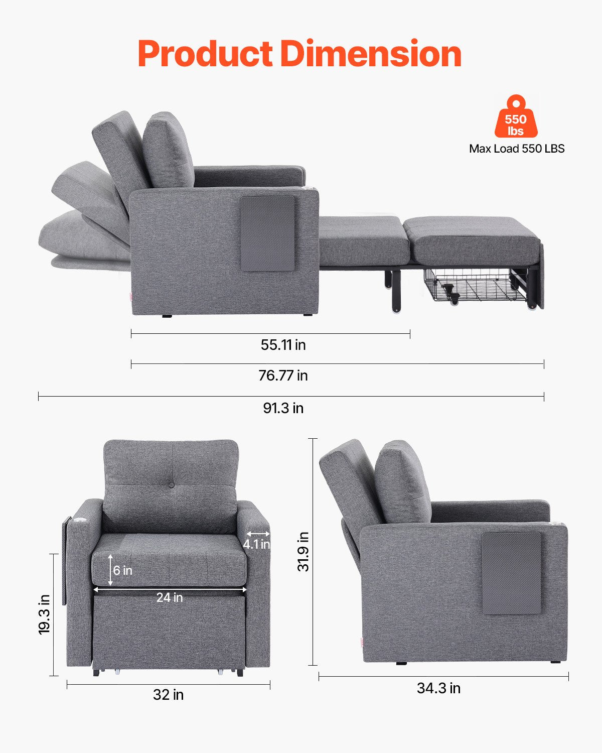 VEVOR Sleeper Sofa Bed, Convertible Sleeper Bed with Side Pocket, Pillow, Armrest and Desk Board, 5 Adjustable Angles Backrest, Single Pull Out Sofa Couch with 2 Wheels and Bottom Storage, Gray - BYSFC315INCHGMW86V0 - view 3