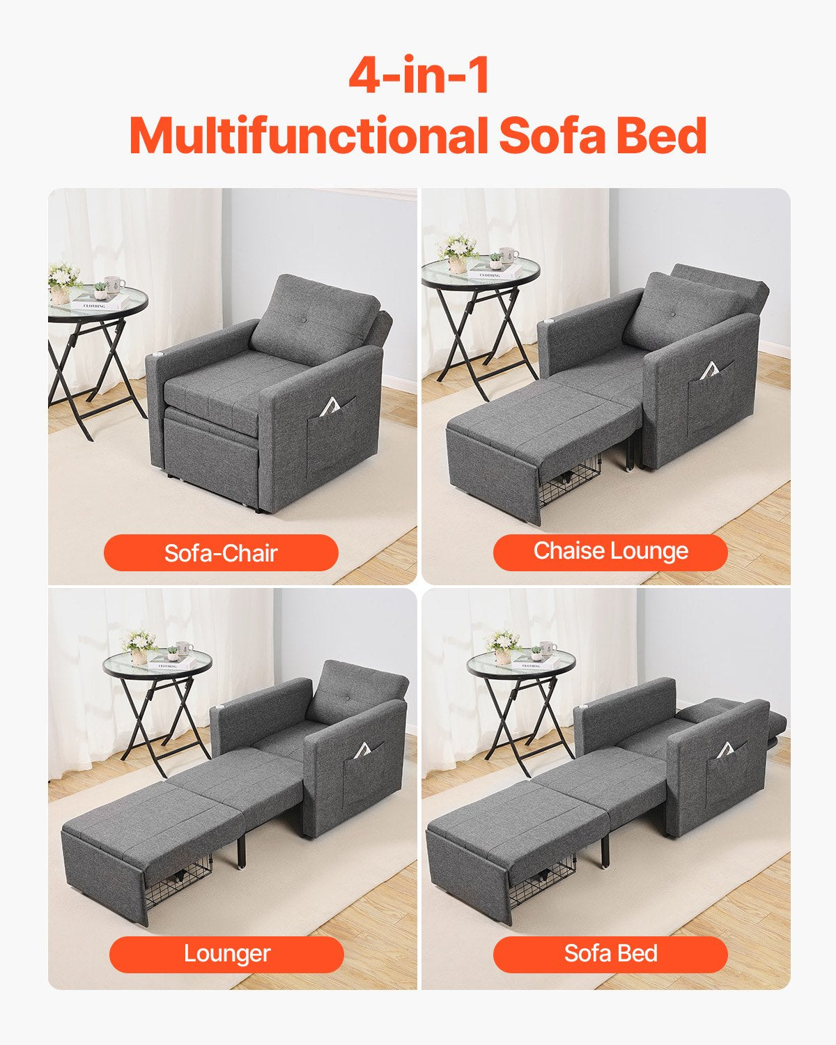 VEVOR Sleeper Sofa Bed, Convertible Sleeper Bed with Side Pocket, Pillow, Armrest and Desk Board, 5 Adjustable Angles Backrest, Single Pull Out Sofa Couch with 2 Wheels and Bottom Storage, Gray - BYSFC315INCHGMW86V0 - view 4