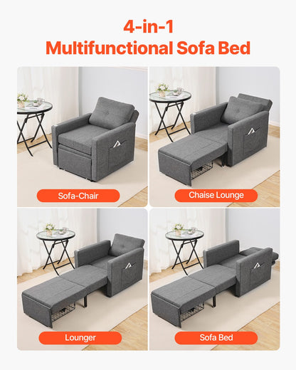 VEVOR Sleeper Sofa Bed, Convertible Sleeper Bed with Side Pocket, Pillow, Armrest and Desk Board, 5 Adjustable Angles Backrest, Single Pull Out Sofa Couch with 2 Wheels and Bottom Storage, Gray - BYSFC315INCHGMW86V0 - view 4
