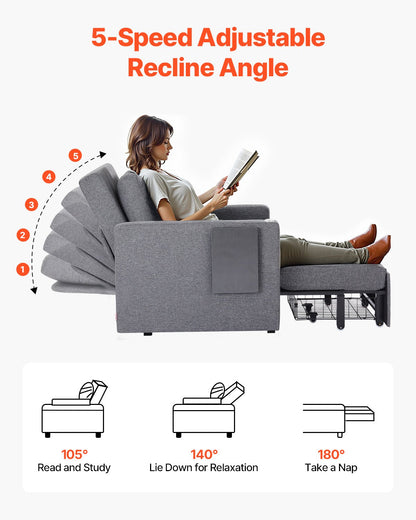 VEVOR Sleeper Sofa Bed, Convertible Sleeper Bed with Side Pocket, Pillow, Armrest and Desk Board, 5 Adjustable Angles Backrest, Single Pull Out Sofa Couch with 2 Wheels and Bottom Storage, Gray - BYSFC315INCHGMW86V0 - view 5