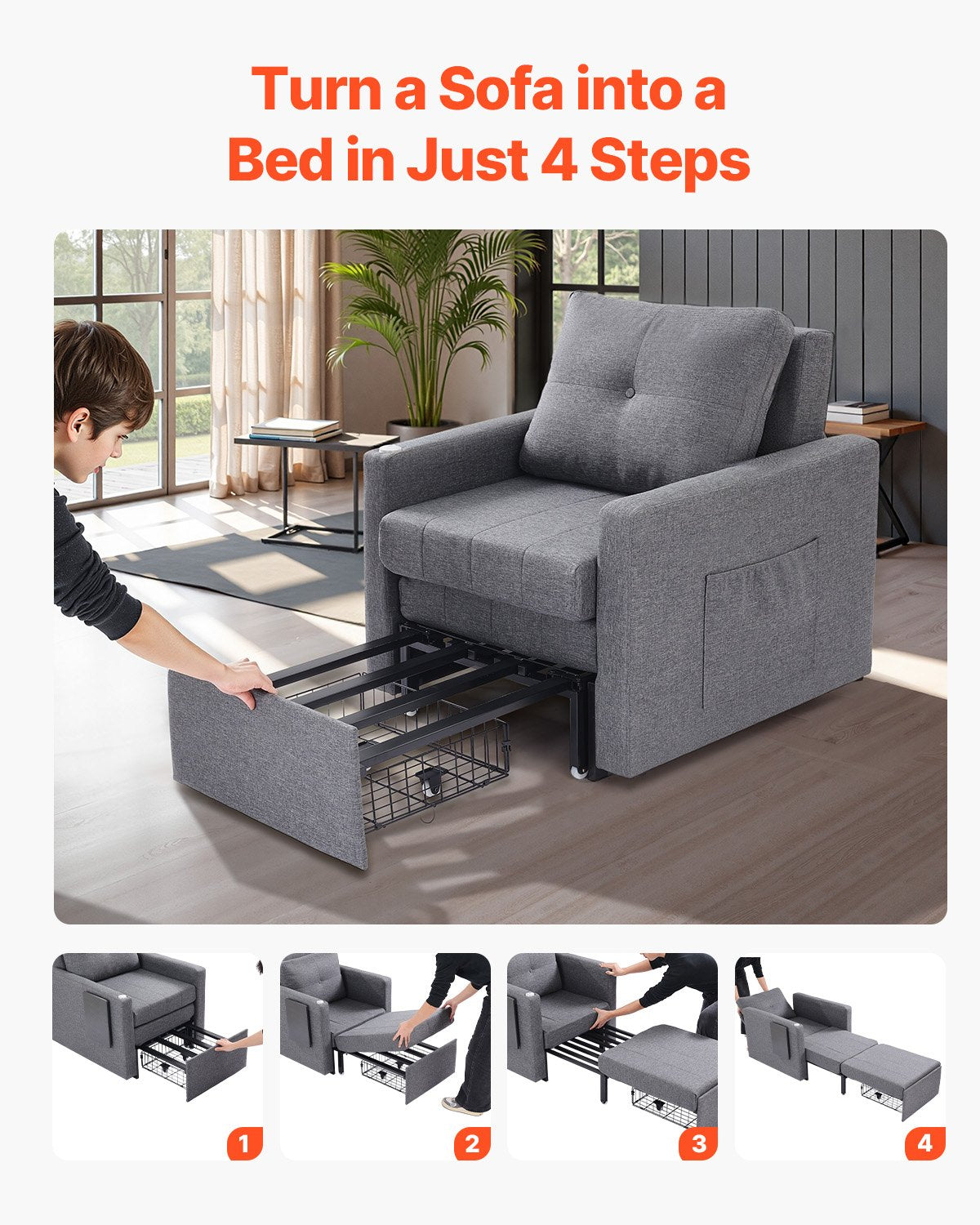 VEVOR Sleeper Sofa Bed, Convertible Sleeper Bed with Side Pocket, Pillow, Armrest and Desk Board, 5 Adjustable Angles Backrest, Single Pull Out Sofa Couch with 2 Wheels and Bottom Storage, Gray - BYSFC315INCHGMW86V0 - view 7