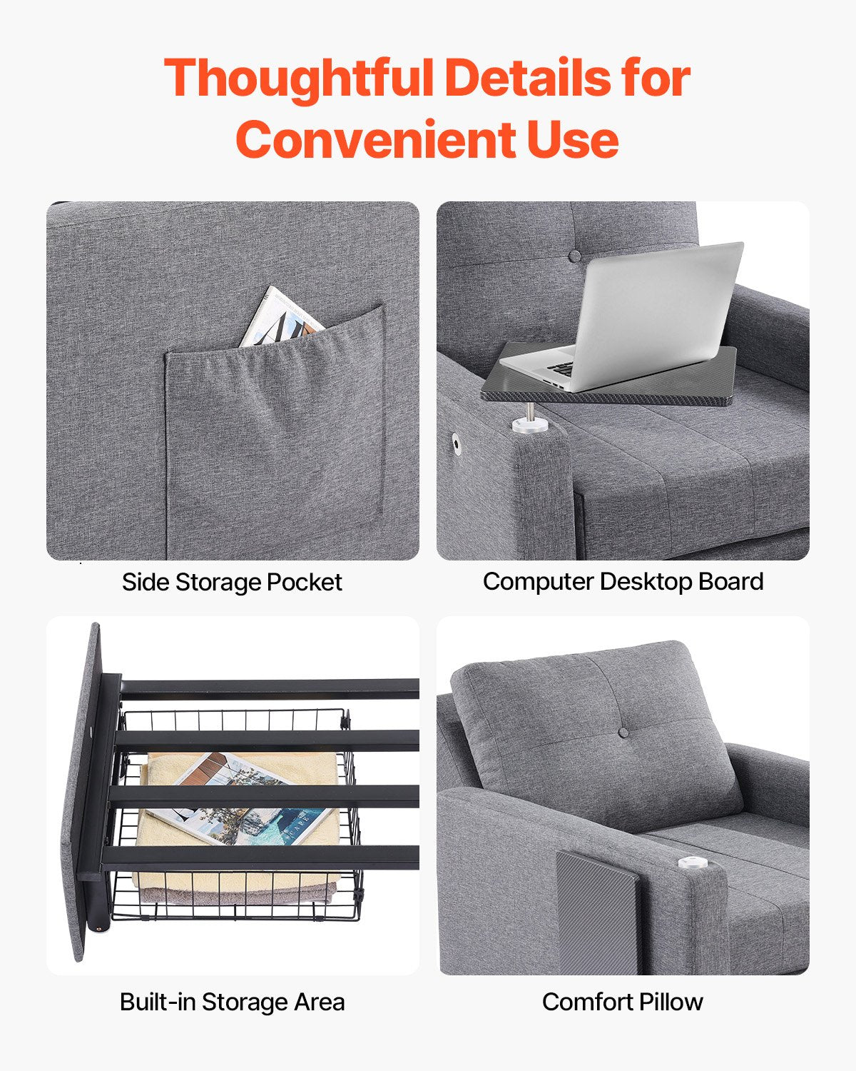 VEVOR Sleeper Sofa Bed, Convertible Sleeper Bed with Side Pocket, Pillow, Armrest and Desk Board, 5 Adjustable Angles Backrest, Single Pull Out Sofa Couch with 2 Wheels and Bottom Storage, Gray - BYSFC315INCHGMW86V0 - view 8