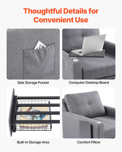 VEVOR Sleeper Sofa Bed, Convertible Sleeper Bed with Side Pocket, Pillow, Armrest and Desk Board, 5 Adjustable Angles Backrest, Single Pull Out Sofa Couch with 2 Wheels and Bottom Storage, Gray - BYSFC315INCHGMW86V0 - view 8