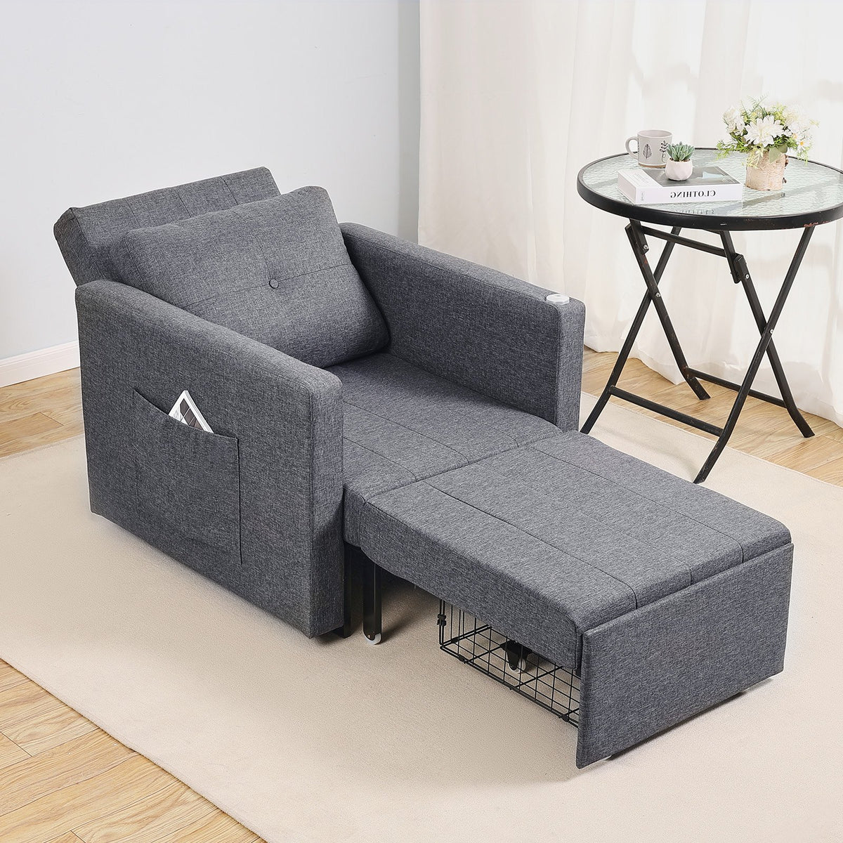 VEVOR Sleeper Sofa Bed, Convertible Sleeper Bed with Side Pocket, Pillow, Armrest and Desk Board, 5 Adjustable Angles Backrest, Single Pull Out Sofa Couch with 2 Wheels and Bottom Storage, Gray - BYSFC315INCHGMW86V0 - view 9