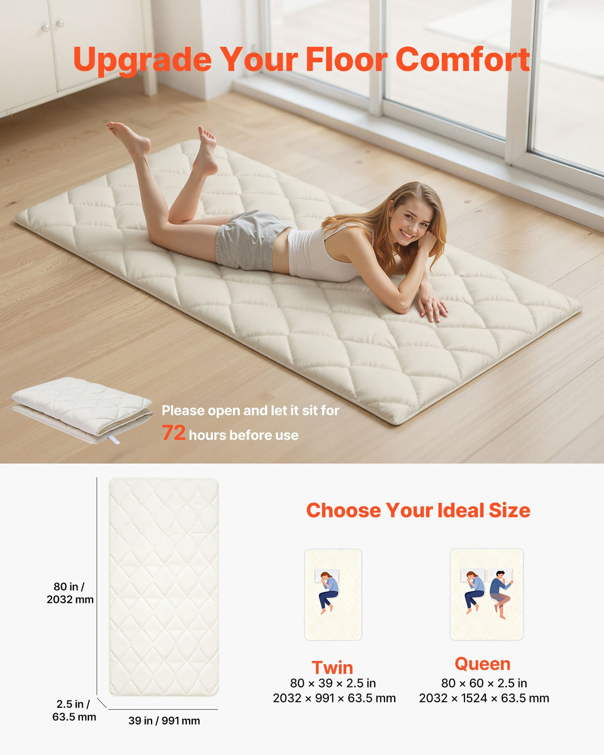 VEVOR Japanese Tatami Mat, Twin Size Foldable Japanese Tatami Mattress, Futon Mattress with Storage Bag & Fastener, 9-Layer Floor Mat for Sleeping, Dormitory, Meditation, Yoga, 80 x 39 x 2.5 in, White - BYTTM39INCH2LKN8P001V0 - view 3