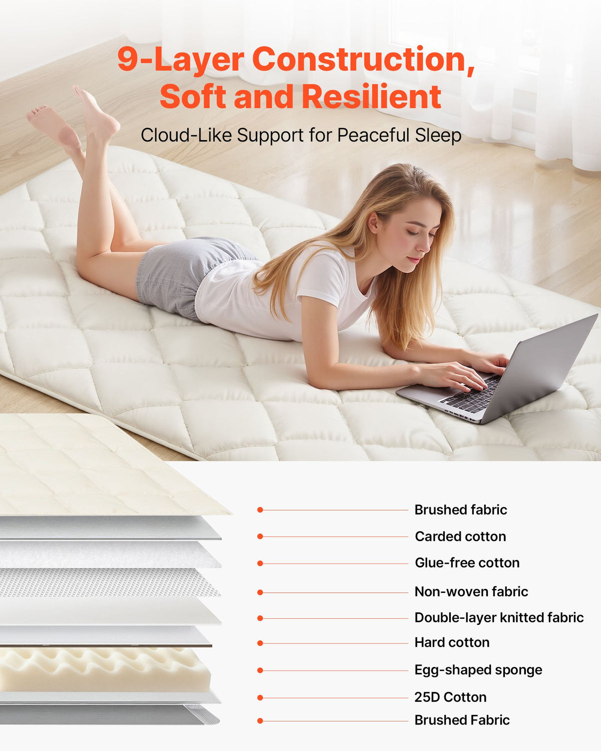 VEVOR Japanese Tatami Mat, Twin Size Foldable Japanese Tatami Mattress, Futon Mattress with Storage Bag & Fastener, 9-Layer Floor Mat for Sleeping, Dormitory, Meditation, Yoga, 80 x 39 x 2.5 in, White - BYTTM39INCH2LKN8P001V0 - view 4