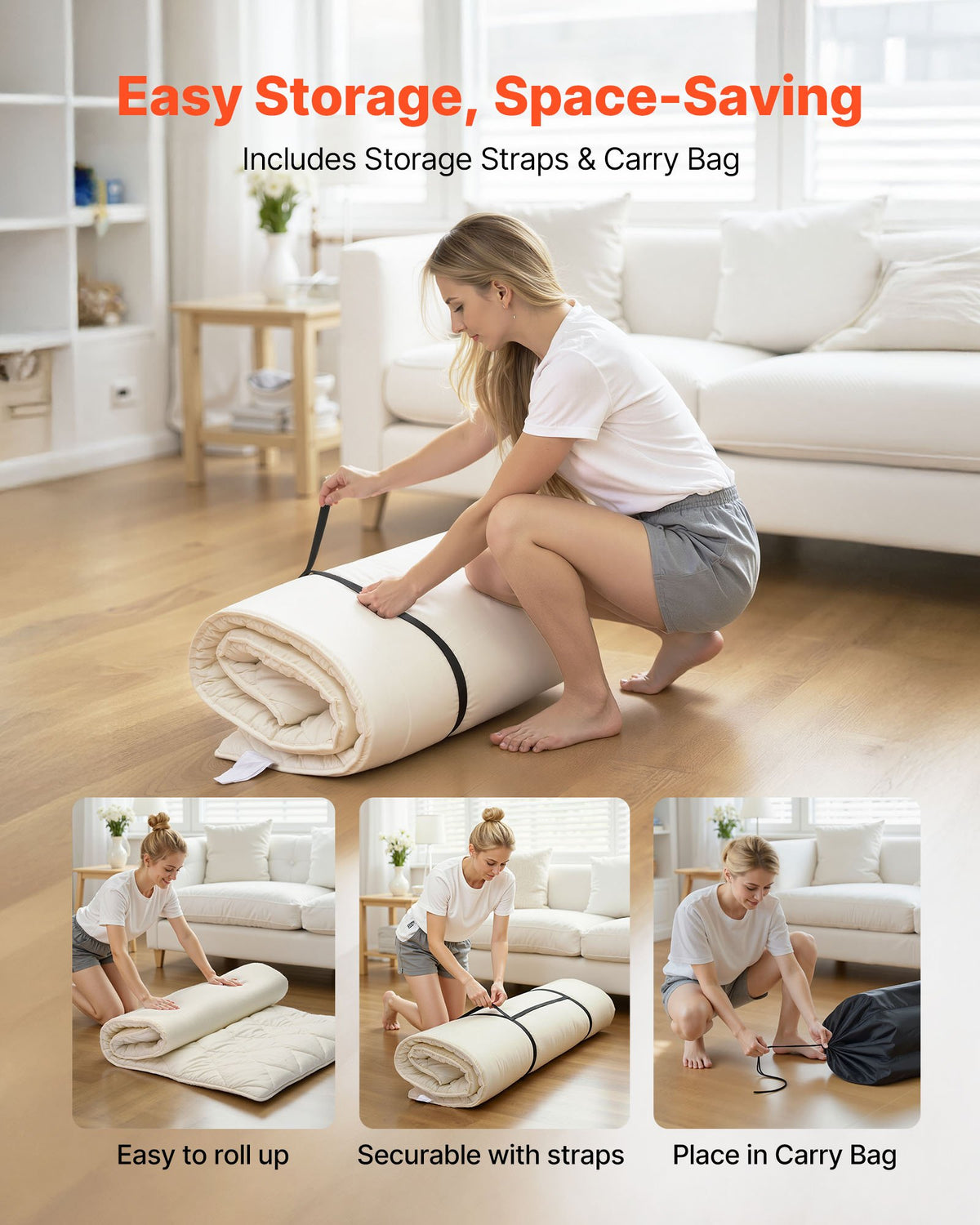 VEVOR Japanese Tatami Mat, Twin Size Foldable Japanese Tatami Mattress, Futon Mattress with Storage Bag & Fastener, 9-Layer Floor Mat for Sleeping, Dormitory, Meditation, Yoga, 80 x 39 x 2.5 in, White - BYTTM39INCH2LKN8P001V0 - view 7