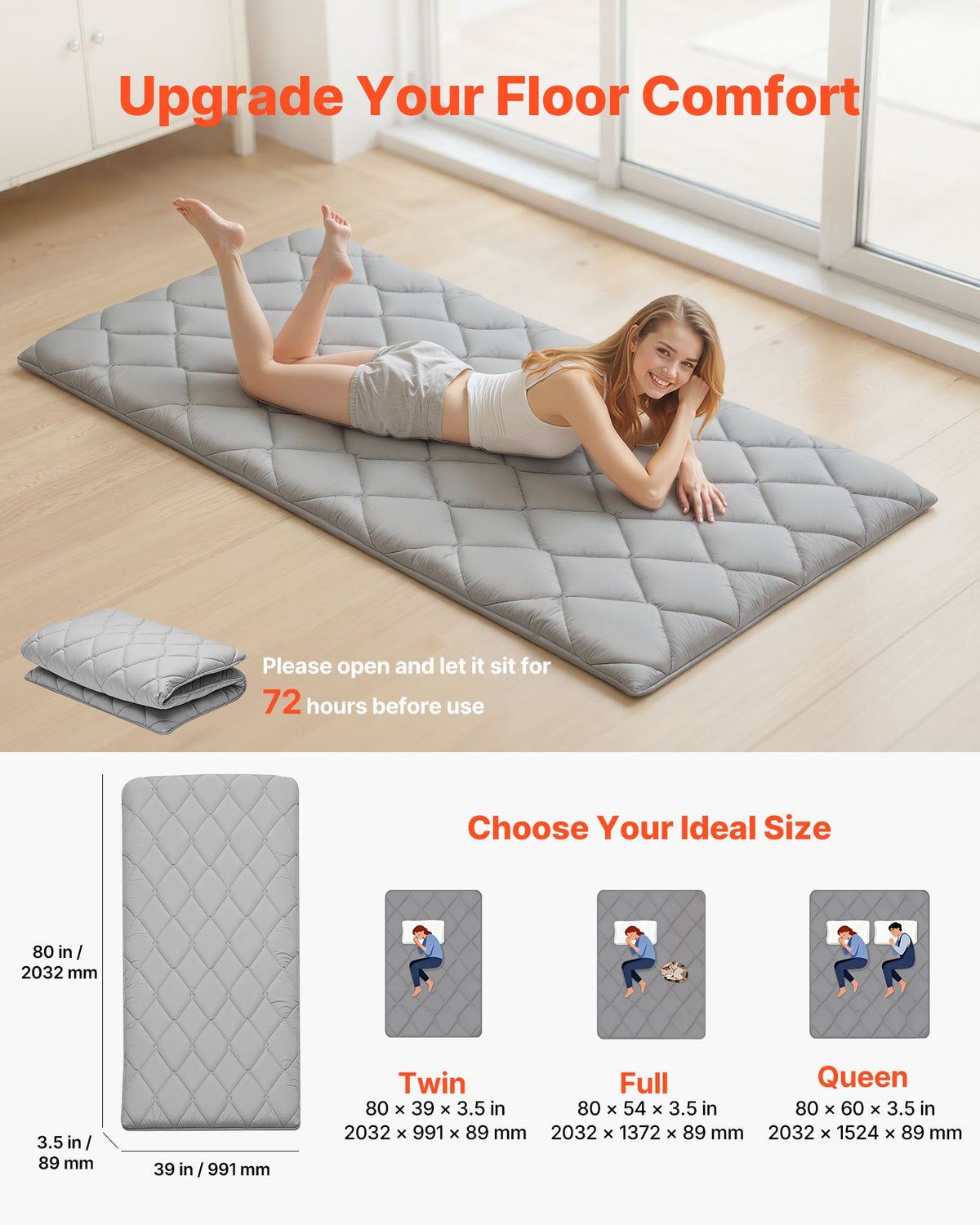 VEVOR Japanese Tatami Mat, Twin Size Foldable Japanese Tatami Mattress, Futon Mattress with Storage Bag & Fastener, 9-Layer Floor Mat for Sleeping, Dormitory, Meditation, Yoga, 80 x 39 x 3.5 in, Gray - BYTTM39INCH326VAO001V0 - view 3