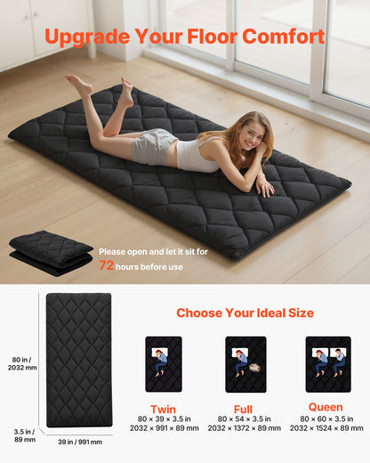 VEVOR Japanese Tatami Mat, Twin Size Foldable Japanese Tatami Mattress, Futon Mattress with Storage Bag & Fastener, 9-Layer Floor Mat for Sleeping, Dormitory, Meditation, Yoga, 80 x 39 x 3.5 in, Black - BYTTM39INCH3ORITK001V0 - view 3