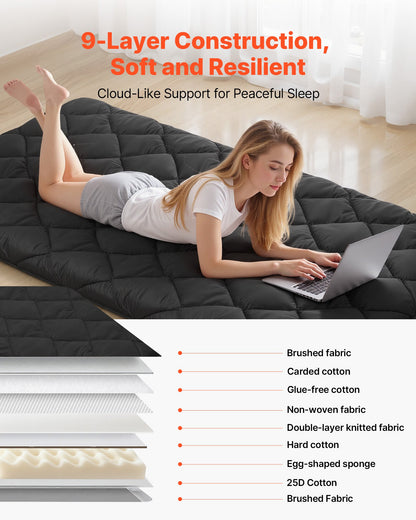 VEVOR Japanese Tatami Mat, Twin Size Foldable Japanese Tatami Mattress, Futon Mattress with Storage Bag & Fastener, 9-Layer Floor Mat for Sleeping, Dormitory, Meditation, Yoga, 80 x 39 x 3.5 in, Black - BYTTM39INCH3ORITK001V0 - view 4