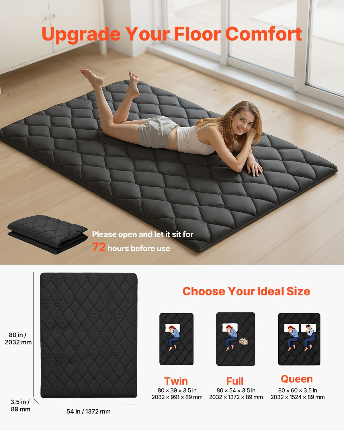VEVOR Japanese Tatami Mat, Full Size Foldable Japanese Tatami Mattress, Futon Mattress with Storage Bag & Fastener, 9-Layer Floor Mat for Sleeping, Dormitory, Meditation, Yoga, 80 x 54 x 3.5 in, Black - BYTTM54INCH39H7LZ001V0 - view 3