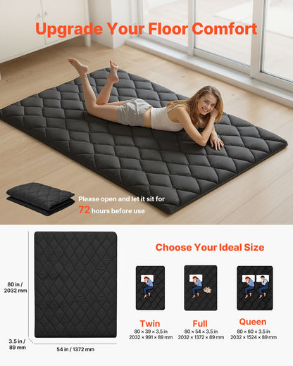 VEVOR Japanese Tatami Mat, Full Size Foldable Japanese Tatami Mattress, Futon Mattress with Storage Bag & Fastener, 9-Layer Floor Mat for Sleeping, Dormitory, Meditation, Yoga, 80 x 54 x 3.5 in, Black - BYTTM54INCH39H7LZ001V0 - view 3