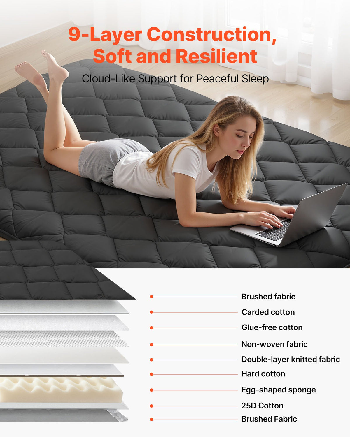 VEVOR Japanese Tatami Mat, Full Size Foldable Japanese Tatami Mattress, Futon Mattress with Storage Bag & Fastener, 9-Layer Floor Mat for Sleeping, Dormitory, Meditation, Yoga, 80 x 54 x 3.5 in, Black - BYTTM54INCH39H7LZ001V0 - view 4