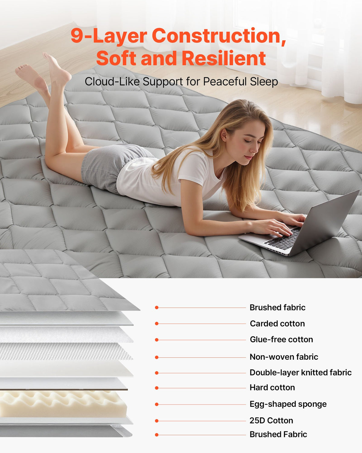 VEVOR Japanese Tatami Mat, Full Size Foldable Japanese Tatami Mattress, Futon Mattress with Storage Bag & Fastener, 9-Layer Floor Mat for Sleeping, Dormitory, Meditation, Yoga, 80 x 54 x 3.5 in, Gray - BYTTM54INCH3XSFR5001V0 - view 4