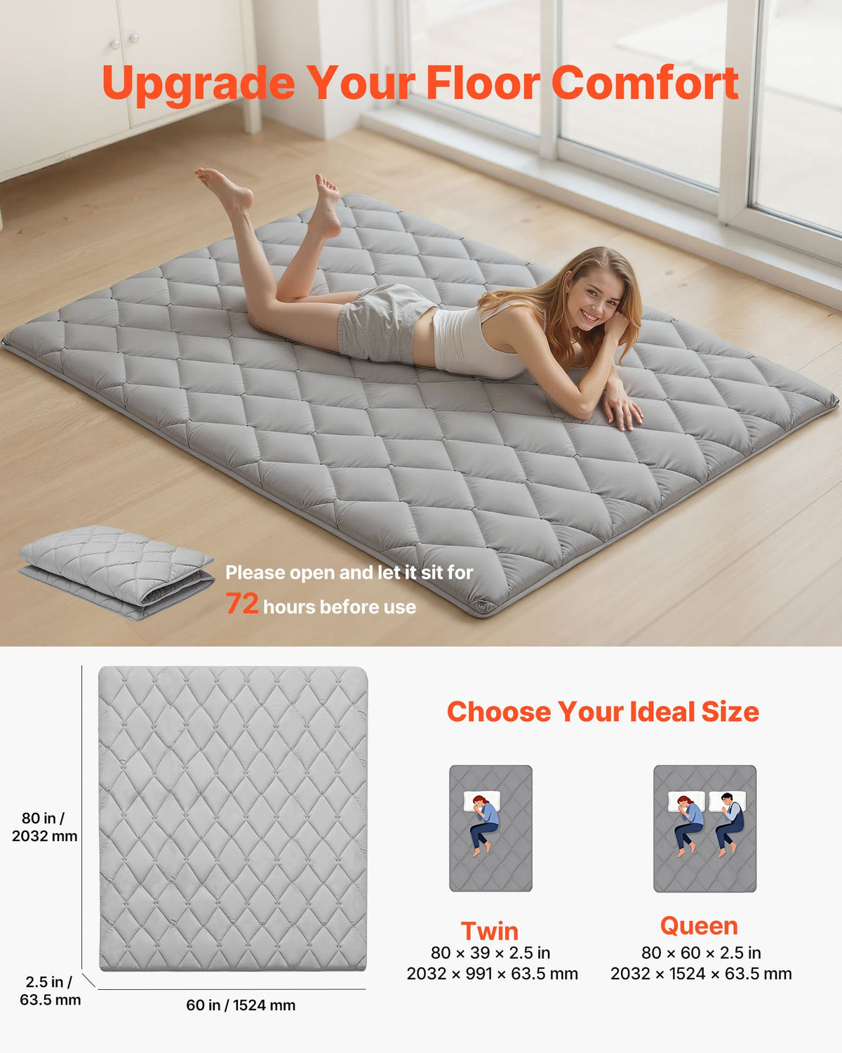 VEVOR Japanese Tatami Mat, Queen Size Foldable Japanese Tatami Mattress, Futon Mattress with Storage Bag & Fastener, 9-Layer Floor Mat for Sleeping, Dormitory, Meditation, Yoga, 80 x 60 x 2.5 in, Gray - BYTTM60INCH258PZF001V0 - view 3