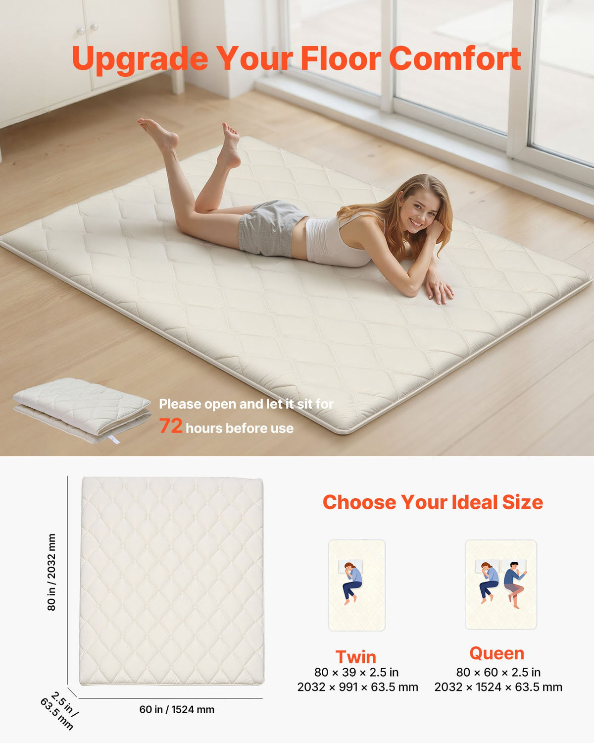 VEVOR Japanese Tatami Mat, Queen Size Foldable Japanese Tatami Mattress, Futon Mattress with Storage Bag & Fastener, 9-Layer Floor Mat for Sleeping, Dormitory, Meditation, Yoga, 80 x 60 x 2.5 in, White - BYTTM60INCH2PTA34001V0 - view 3