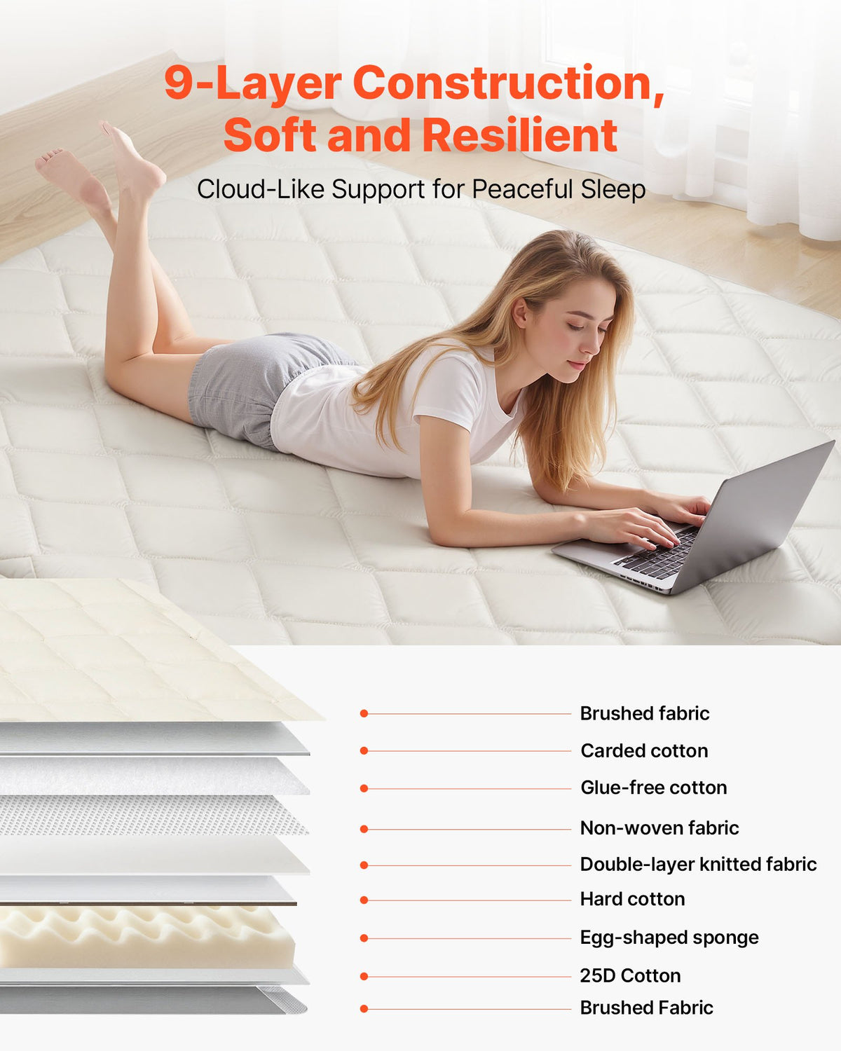 VEVOR Japanese Tatami Mat, Queen Size Foldable Japanese Tatami Mattress, Futon Mattress with Storage Bag & Fastener, 9-Layer Floor Mat for Sleeping, Dormitory, Meditation, Yoga, 80 x 60 x 2.5 in, White - BYTTM60INCH2PTA34001V0 - view 4