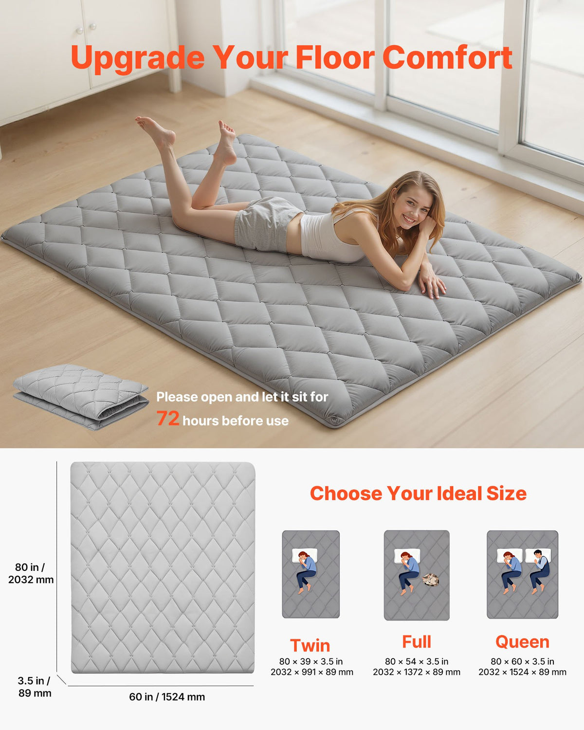 VEVOR Japanese Tatami Mat, Queen Size Foldable Japanese Tatami Mattress, Futon Mattress with Storage Bag & Fastener, 9-Layer Floor Mat for Sleeping, Dormitory, Meditation, Yoga, 80 x 60 x 3.5 in, Gray - BYTTM60INCH3DKOBG001V0 - view 3
