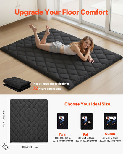 VEVOR Japanese Tatami Mat, Queen Size Foldable Japanese Tatami Mattress, Futon Mattress with Storage Bag & Fastener, 9-Layer Floor Mat for Sleeping, Dorm, Meditation, Yoga, 80 x 60 x 3.5 in, Black - BYTTM60INCH3J1HKM001V0 - view 3