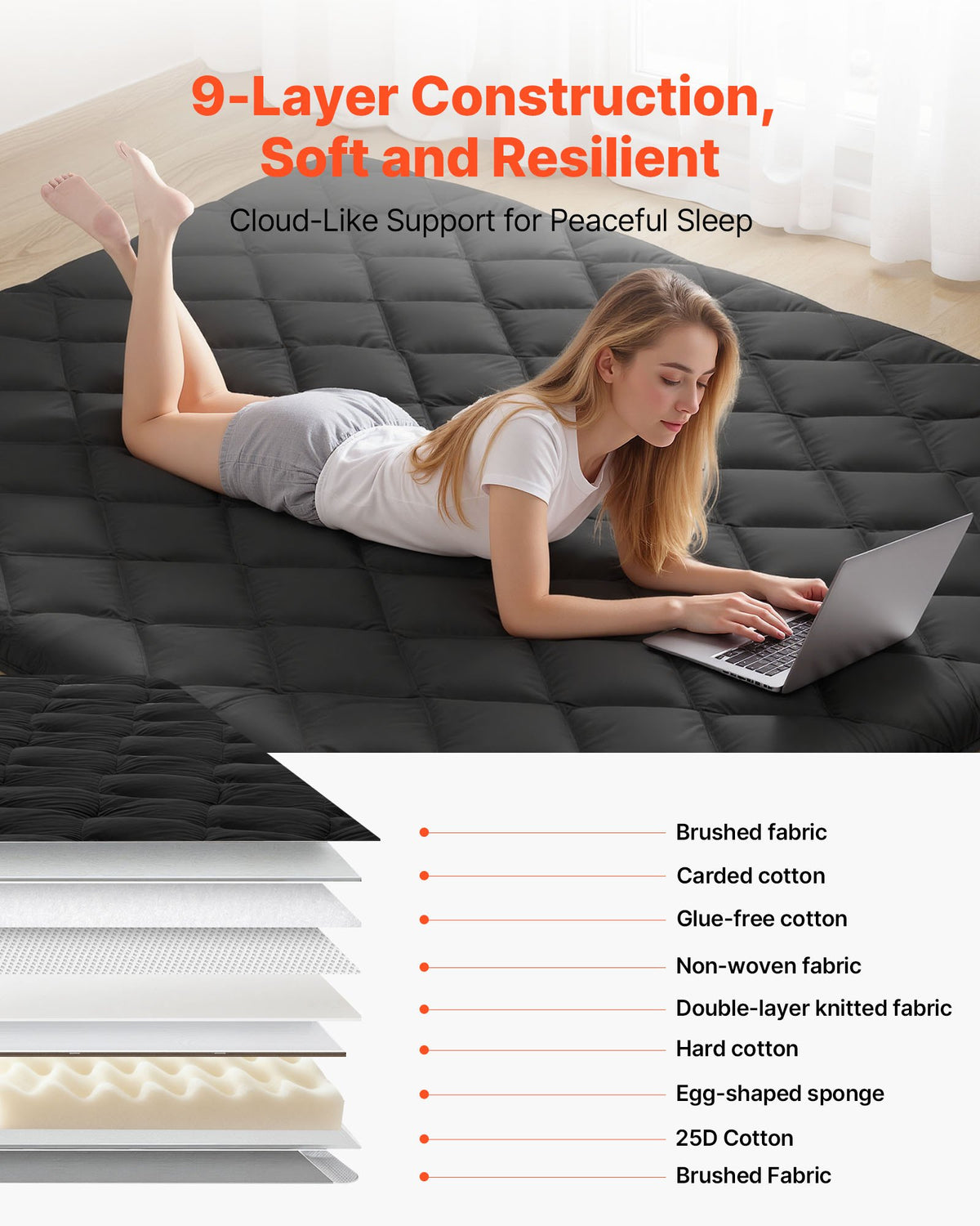 VEVOR Japanese Tatami Mat, Queen Size Foldable Japanese Tatami Mattress, Futon Mattress with Storage Bag & Fastener, 9-Layer Floor Mat for Sleeping, Dorm, Meditation, Yoga, 80 x 60 x 3.5 in, Black - BYTTM60INCH3J1HKM001V0 - view 4