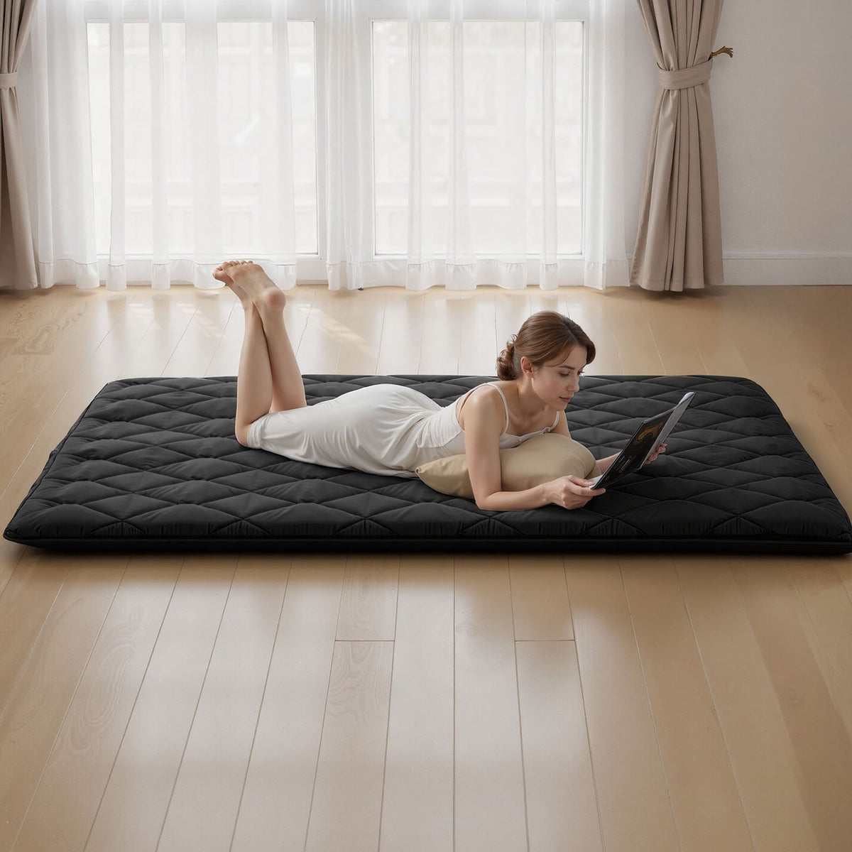 VEVOR Japanese Tatami Mat, Queen Size Foldable Japanese Tatami Mattress, Futon Mattress with Storage Bag & Fastener, 9-Layer Floor Mat for Sleeping, Dorm, Meditation, Yoga, 80 x 60 x 3.5 in, Black - BYTTM60INCH3J1HKM001V0 - view 9