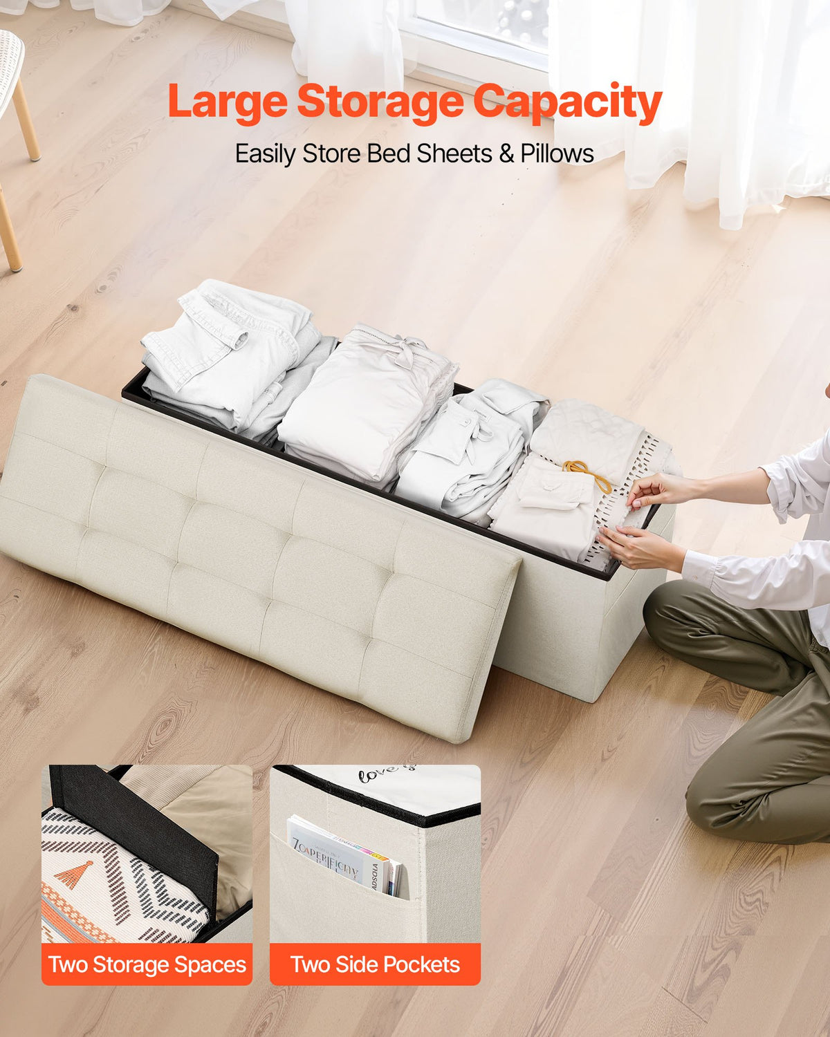 VEVOR Foldable Storage Ottoman Bench, End of Bed Bench with Side Bags, Folding Upholstered Storage Chest Supports 660 lbs, Linen Bed Ottoman with Large Space for Living Room, Bedroom, Entryway, Beige - BYWSZYKZDK405QXFB001V0 - view 3