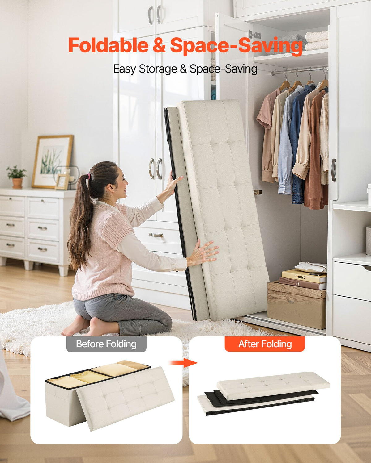 VEVOR Foldable Storage Ottoman Bench, End of Bed Bench with Side Bags, Folding Upholstered Storage Chest Supports 660 lbs, Linen Bed Ottoman with Large Space for Living Room, Bedroom, Entryway, Beige - BYWSZYKZDK405QXFB001V0 - view 5