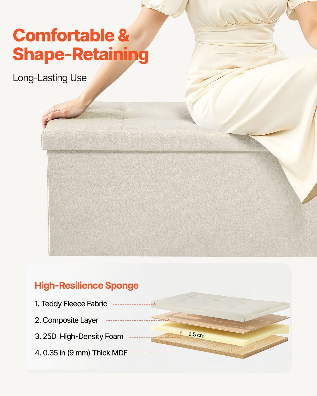 VEVOR Foldable Storage Ottoman Bench, End of Bed Bench with Side Bags, Folding Upholstered Storage Chest Supports 660 lbs, Linen Bed Ottoman with Large Space for Living Room, Bedroom, Entryway, Beige - BYWSZYKZDK405QXFB001V0 - view 6