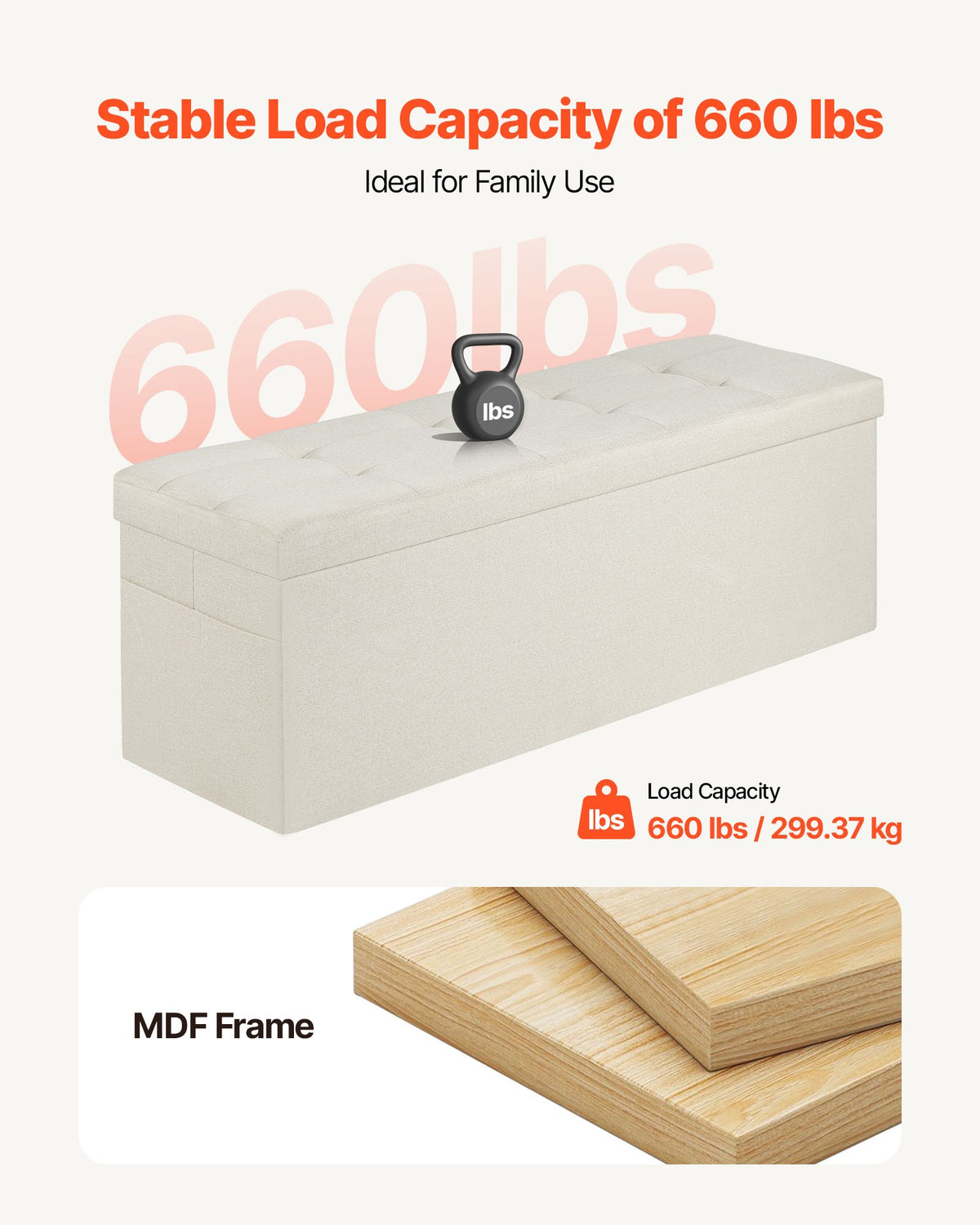 VEVOR Foldable Storage Ottoman Bench, End of Bed Bench with Side Bags, Folding Upholstered Storage Chest Supports 660 lbs, Linen Bed Ottoman with Large Space for Living Room, Bedroom, Entryway, Beige - BYWSZYKZDK405QXFB001V0 - view 7