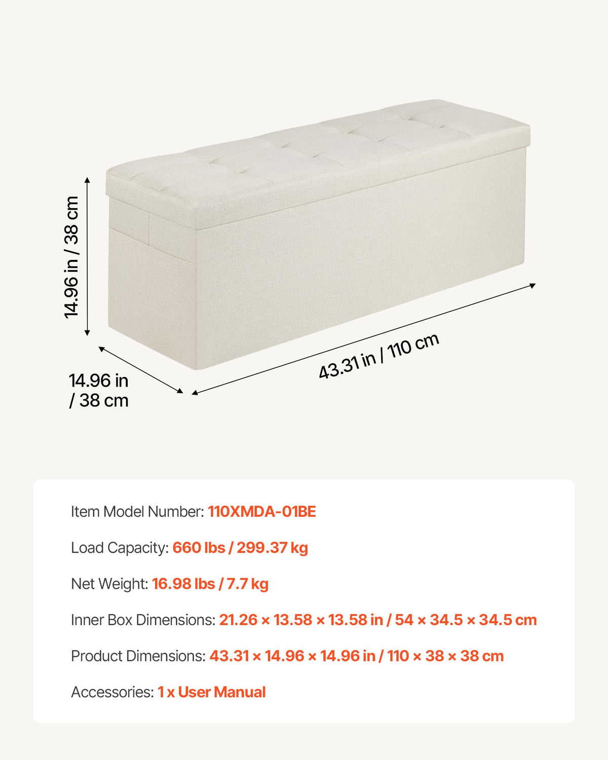 VEVOR Foldable Storage Ottoman Bench, End of Bed Bench with Side Bags, Folding Upholstered Storage Chest Supports 660 lbs, Linen Bed Ottoman with Large Space for Living Room, Bedroom, Entryway, Beige - BYWSZYKZDK405QXFB001V0 - view 8