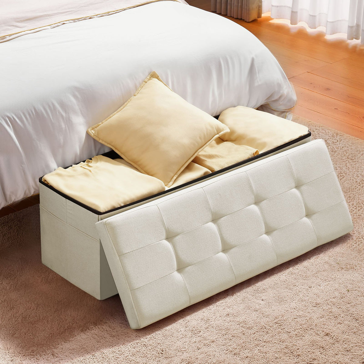VEVOR Foldable Storage Ottoman Bench, End of Bed Bench with Side Bags, Folding Upholstered Storage Chest Supports 660 lbs, Linen Bed Ottoman with Large Space for Living Room, Bedroom, Entryway, Beige - BYWSZYKZDK405QXFB001V0 - view 9
