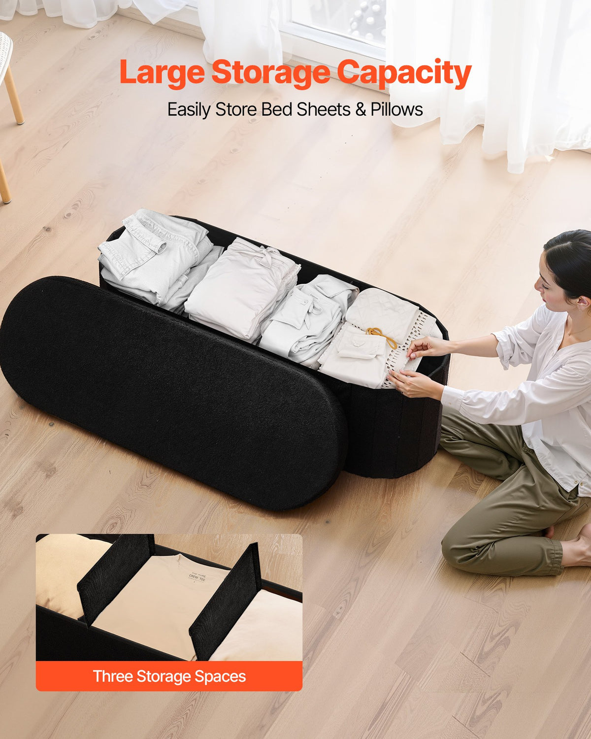 VEVOR Oval Storage Ottoman Bench, Foldable Teddy Fleece End of Bed Bench, Folding Upholstered Bed Ottoman Chest with Large Storage Space, Supports 660 lbs, for Living Room, Bedroom, Entryway, Black - BYWSZYKZDK406PEG4001V0 - view 3