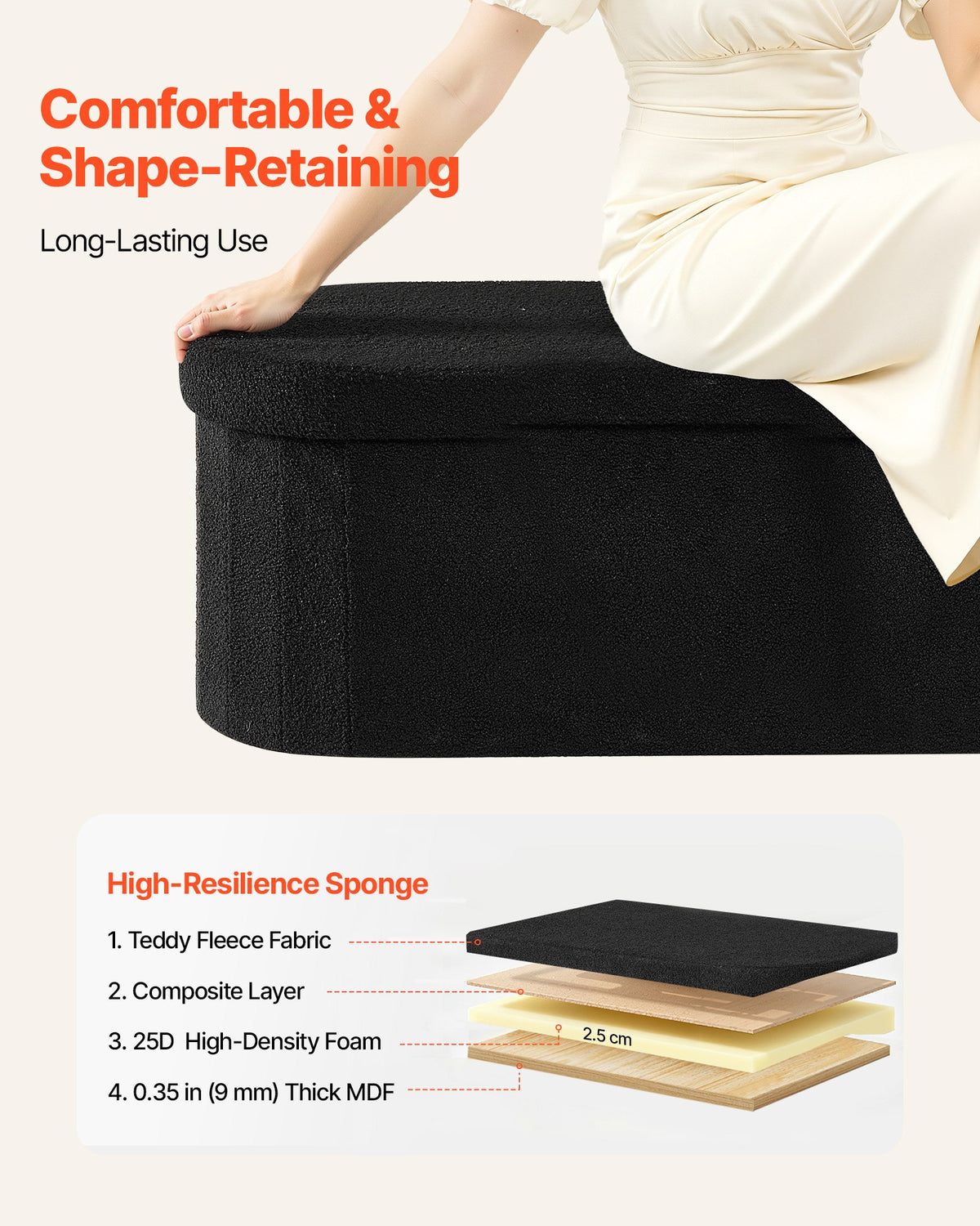 VEVOR Oval Storage Ottoman Bench, Foldable Teddy Fleece End of Bed Bench, Folding Upholstered Bed Ottoman Chest with Large Storage Space, Supports 660 lbs, for Living Room, Bedroom, Entryway, Black - BYWSZYKZDK406PEG4001V0 - view 6