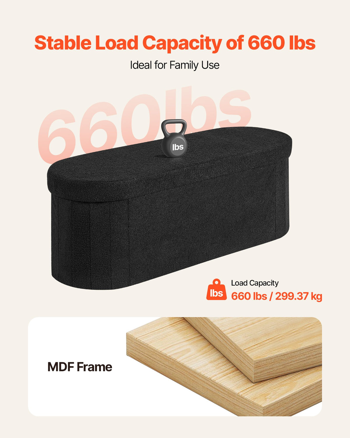 VEVOR Oval Storage Ottoman Bench, Foldable Teddy Fleece End of Bed Bench, Folding Upholstered Bed Ottoman Chest with Large Storage Space, Supports 660 lbs, for Living Room, Bedroom, Entryway, Black - BYWSZYKZDK406PEG4001V0 - view 7