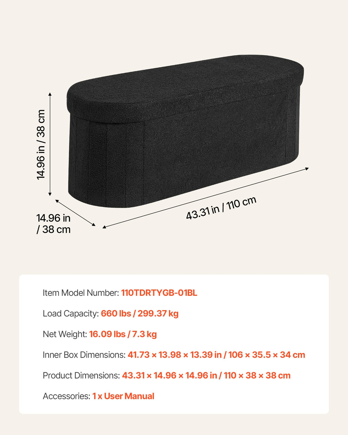 VEVOR Oval Storage Ottoman Bench, Foldable Teddy Fleece End of Bed Bench, Folding Upholstered Bed Ottoman Chest with Large Storage Space, Supports 660 lbs, for Living Room, Bedroom, Entryway, Black - BYWSZYKZDK406PEG4001V0 - view 8