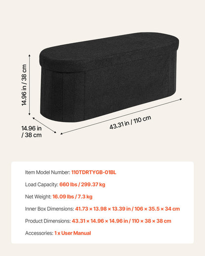 VEVOR Oval Storage Ottoman Bench, Foldable Teddy Fleece End of Bed Bench, Folding Upholstered Bed Ottoman Chest with Large Storage Space, Supports 660 lbs, for Living Room, Bedroom, Entryway, Black - BYWSZYKZDK406PEG4001V0 - view 8