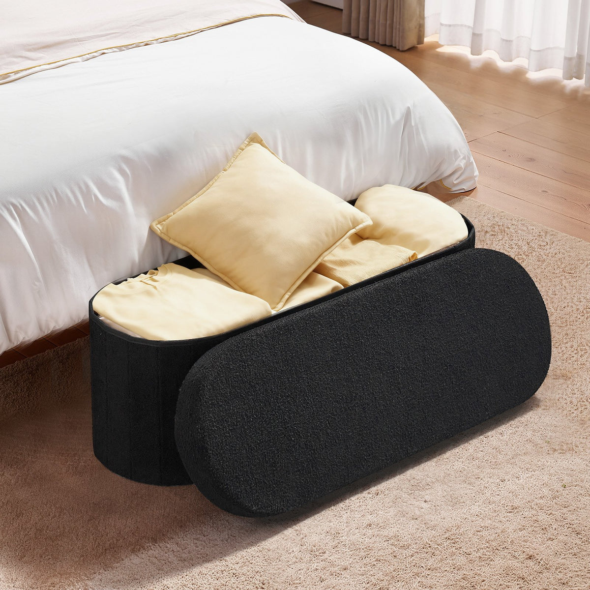 VEVOR Oval Storage Ottoman Bench, Foldable Teddy Fleece End of Bed Bench, Folding Upholstered Bed Ottoman Chest with Large Storage Space, Supports 660 lbs, for Living Room, Bedroom, Entryway, Black - BYWSZYKZDK406PEG4001V0 - view 9