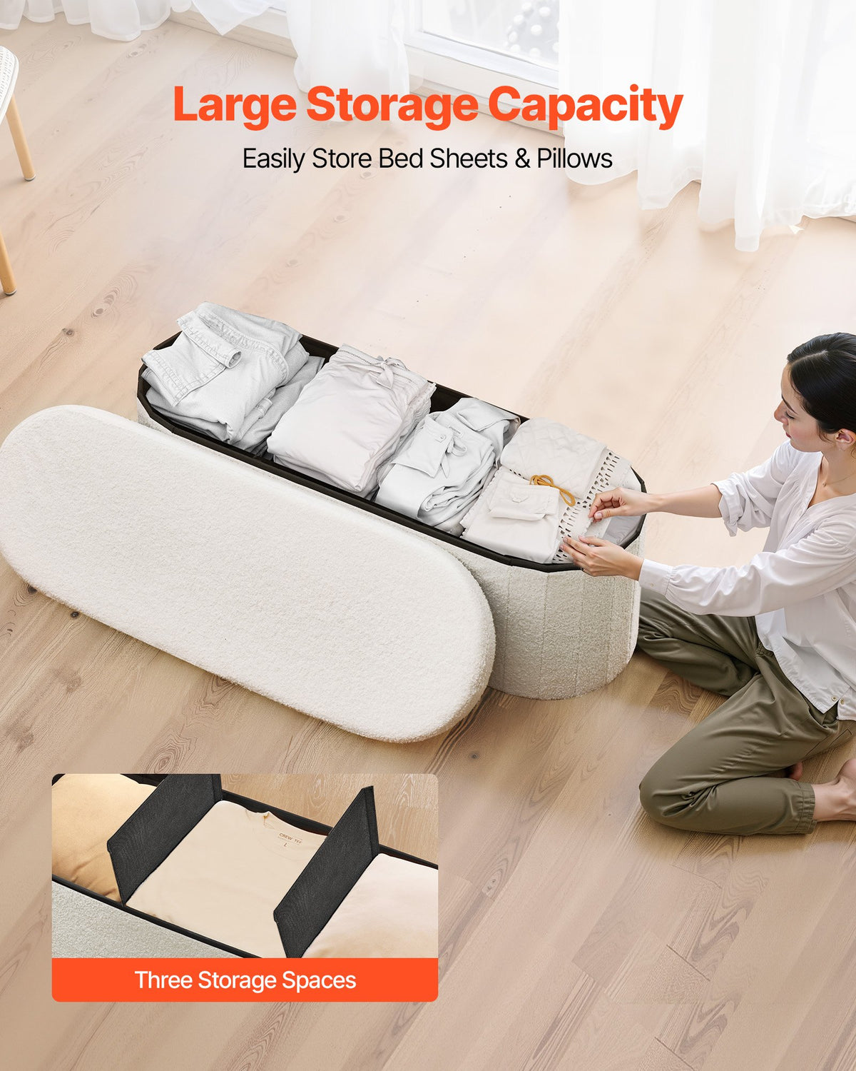 VEVOR Oval Storage Ottoman Bench, Foldable Teddy Fleece End of Bed Bench, Folding Upholstered Bed Ottoman Chest with Large Storage Space, Supports 660 lbs, for Living Room, Bedroom, Entryway, Beige - BYWSZYKZDK40BI0GO001V0 - view 3