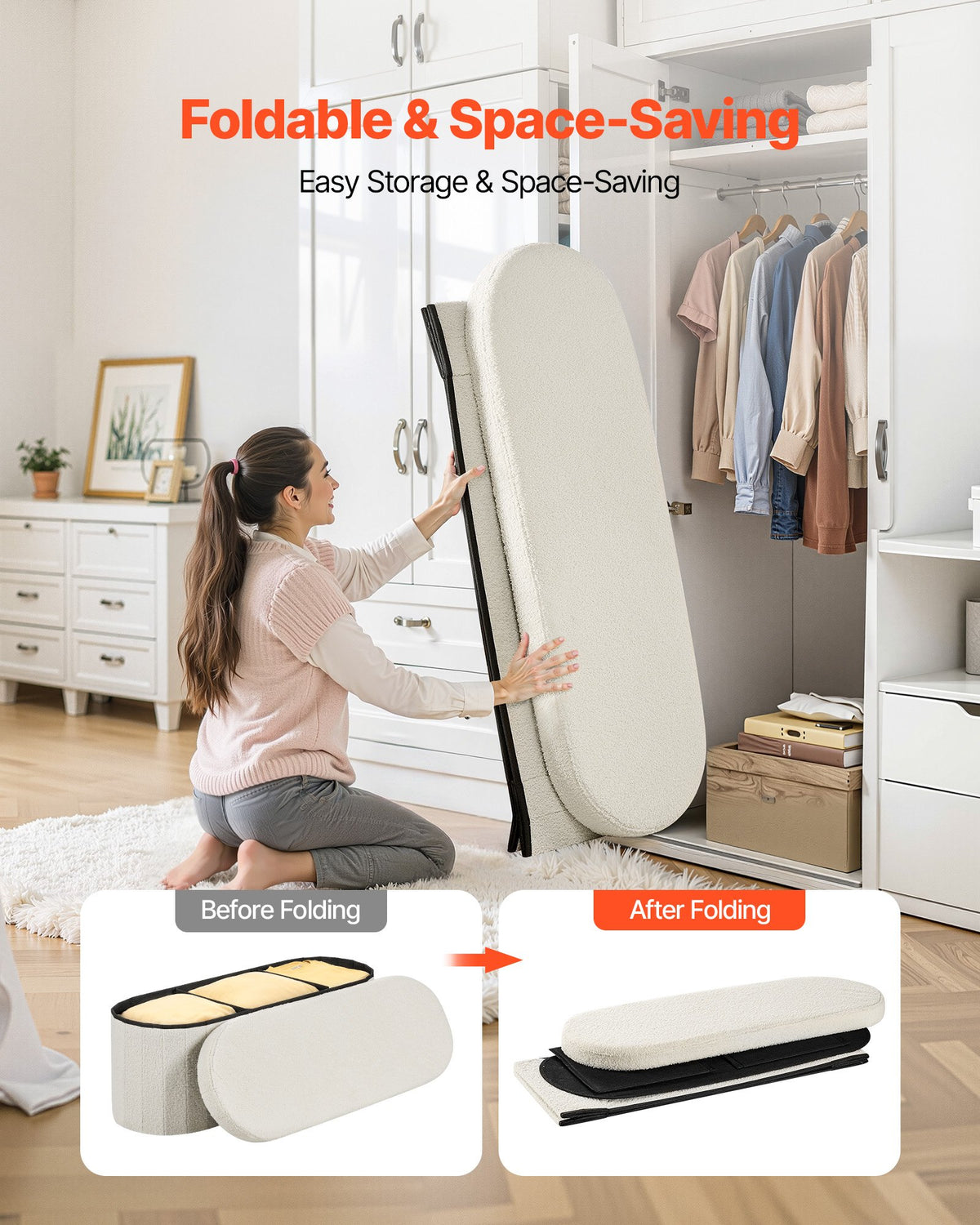 VEVOR Oval Storage Ottoman Bench, Foldable Teddy Fleece End of Bed Bench, Folding Upholstered Bed Ottoman Chest with Large Storage Space, Supports 660 lbs, for Living Room, Bedroom, Entryway, Beige - BYWSZYKZDK40BI0GO001V0 - view 5