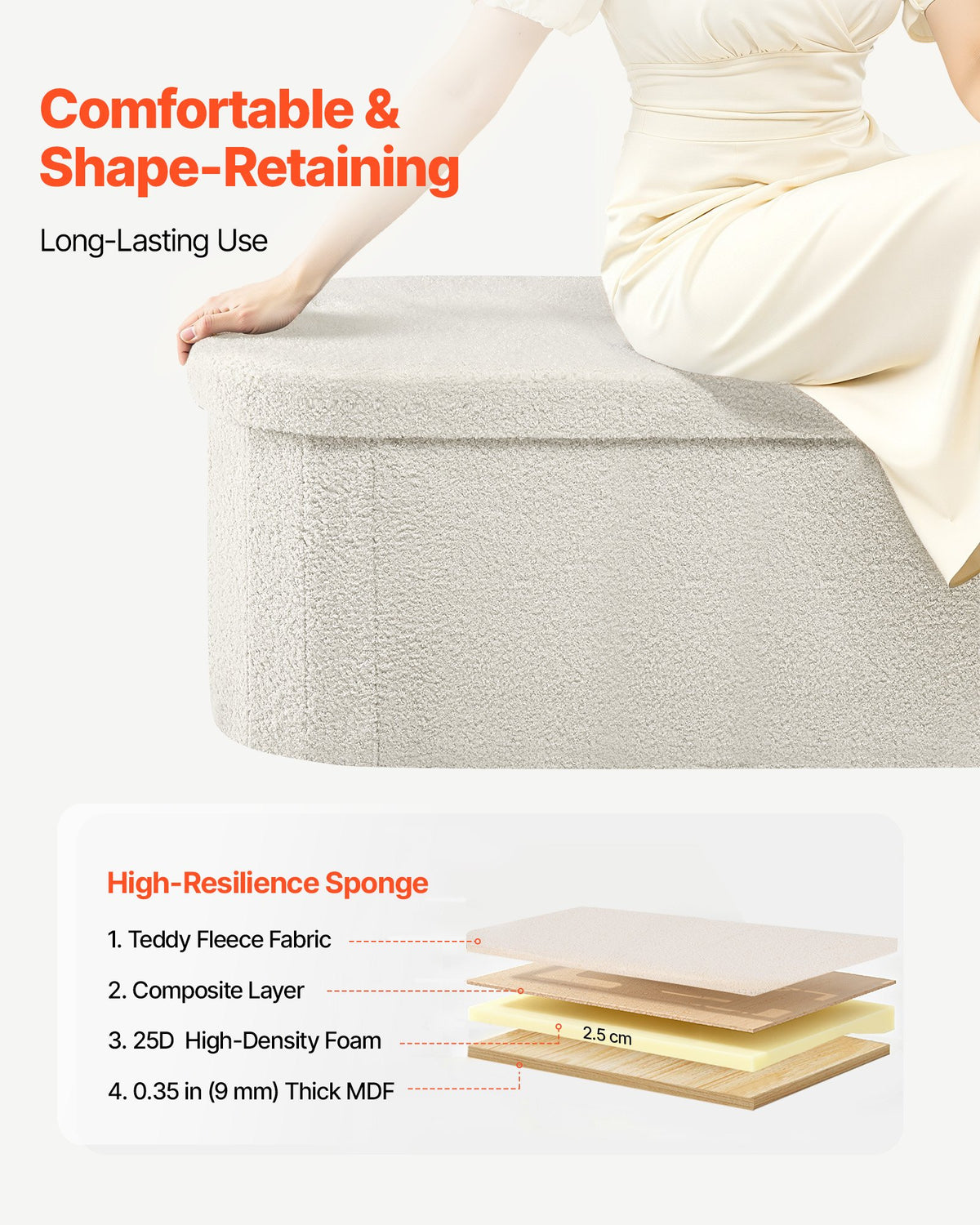 VEVOR Oval Storage Ottoman Bench, Foldable Teddy Fleece End of Bed Bench, Folding Upholstered Bed Ottoman Chest with Large Storage Space, Supports 660 lbs, for Living Room, Bedroom, Entryway, Beige - BYWSZYKZDK40BI0GO001V0 - view 6