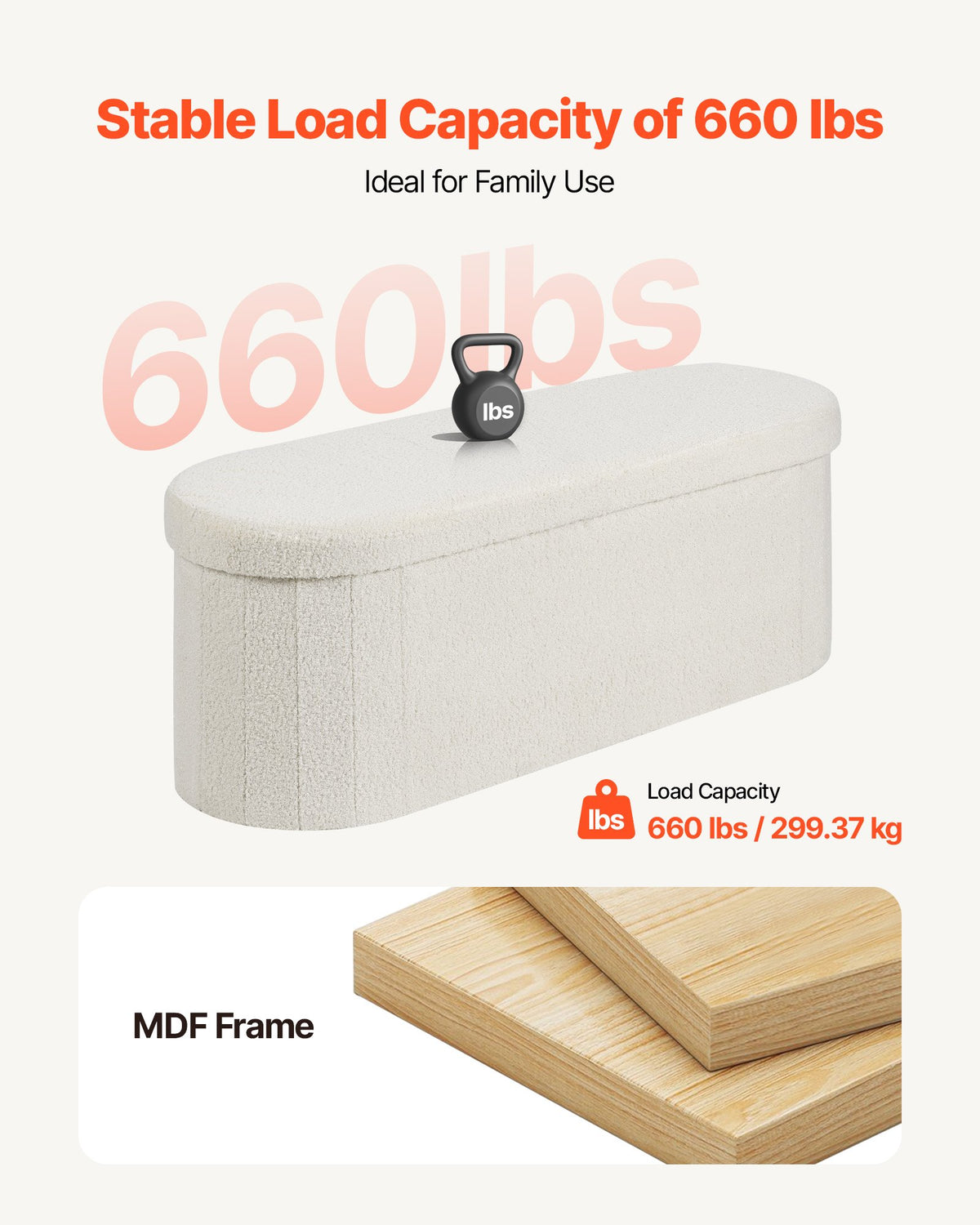 VEVOR Oval Storage Ottoman Bench, Foldable Teddy Fleece End of Bed Bench, Folding Upholstered Bed Ottoman Chest with Large Storage Space, Supports 660 lbs, for Living Room, Bedroom, Entryway, Beige - BYWSZYKZDK40BI0GO001V0 - view 7
